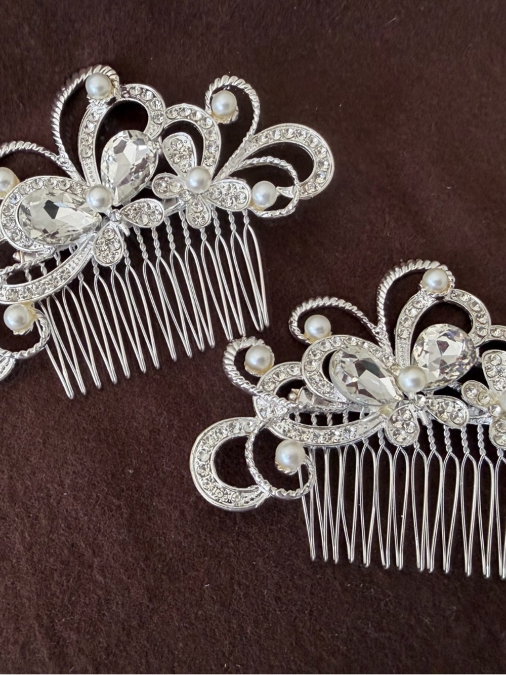 Elegant Silver Crystal and Pearl Bridal Hair Comb Set